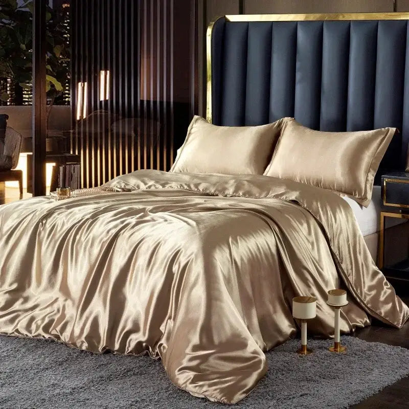 Glossy champagne-colored silk duvet cover set from DecorBites™ Luxurious Nordic silk bedding set for couples