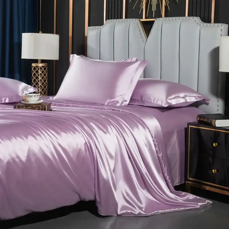 Lavender satin pcs duvet cover with glossy finish and matching pillows from decorbites™ luxurious nordic silk bedding set for couples