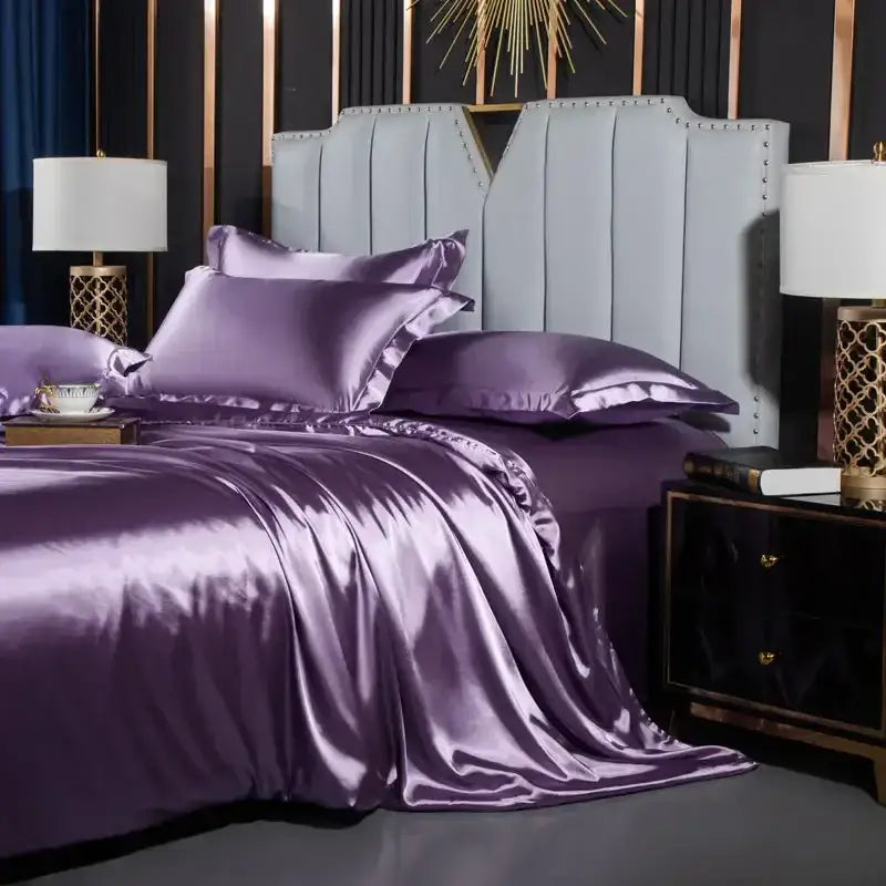 DecorBites™ luxurious nordic silk duvet cover set in lustrous purple satin with ruffled edges for width bed pcs duvet cover