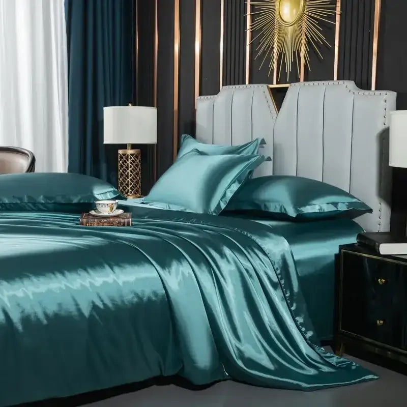 Decorbites™ luxurious nordic silk bedding set for couples in teal satin with glossy finish pcs duvet cover and matching pillows