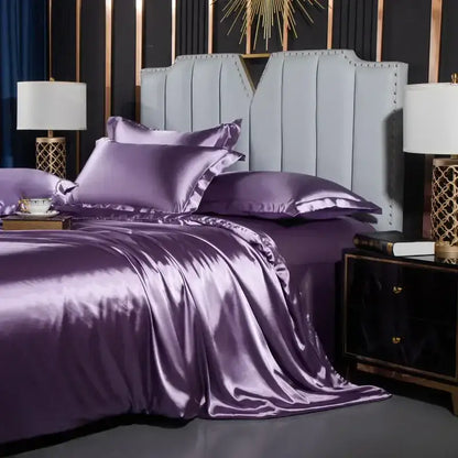 Decorbites™ luxurious nordic silk duvet cover set in lustrous purple satin with smooth finish and elegant ruffled edges