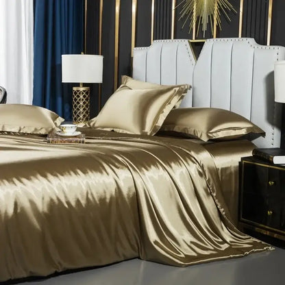 Glossy gold satin duvet cover set with matching pillowcases from decorbites luxurious nordic silk bedding set