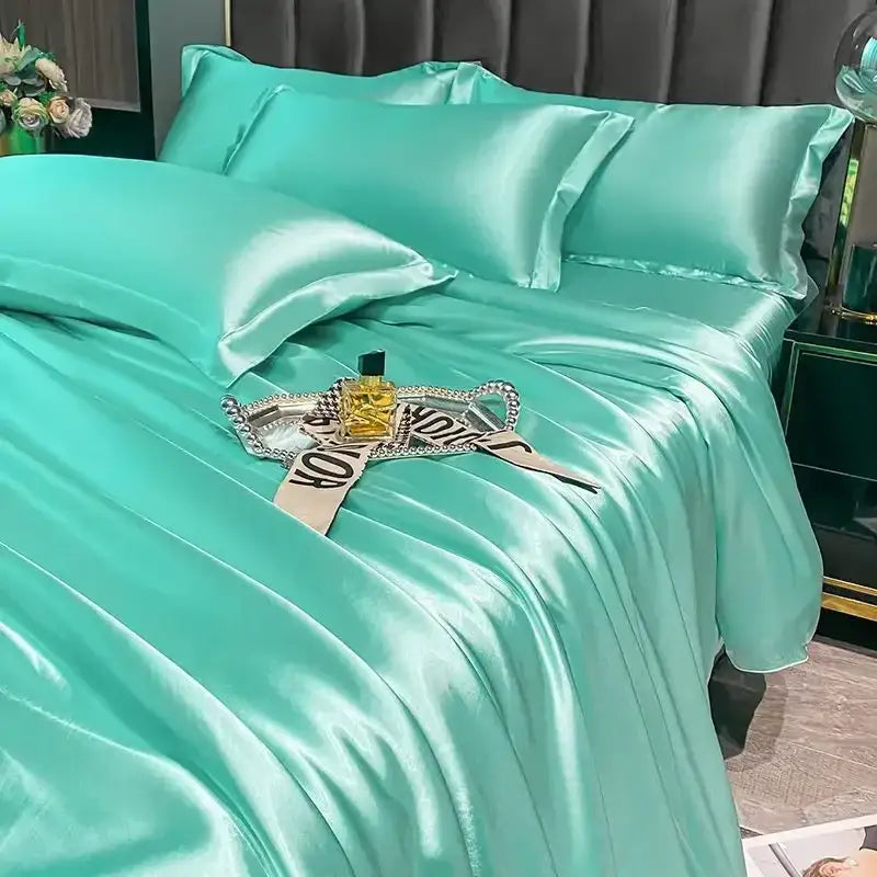 DecorBites™ luxurious nordic silk duvet cover set in luxe mint green satin with glossy smooth finish and matching pcs duvet cover