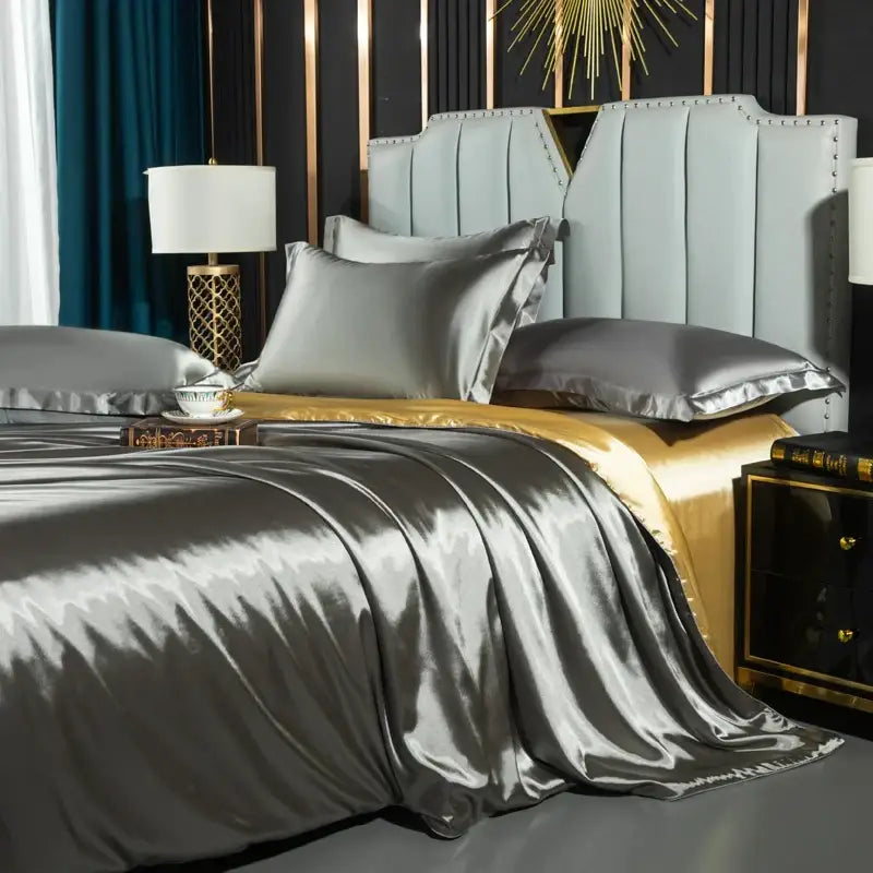 Decorbites luxurious nordic silk silver satin duvet cover set with matching pcs duvet cover and bed sheet with sheen folds