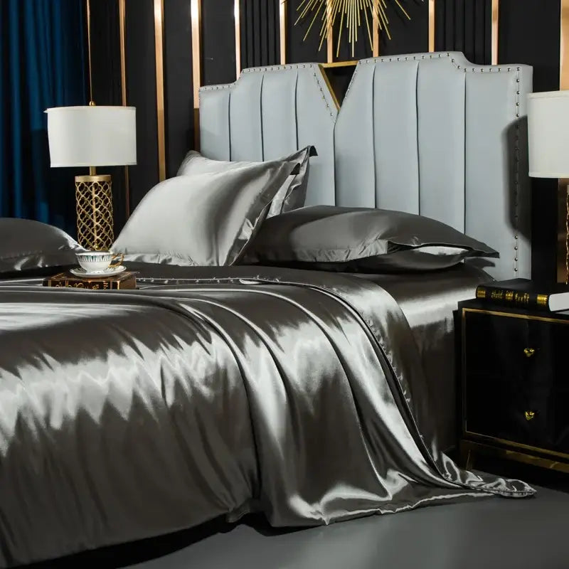 Silver satin duvet cover with smooth glossy finish and elegant pleated design in DecorBites Luxurious Nordic Silk bed sheet set