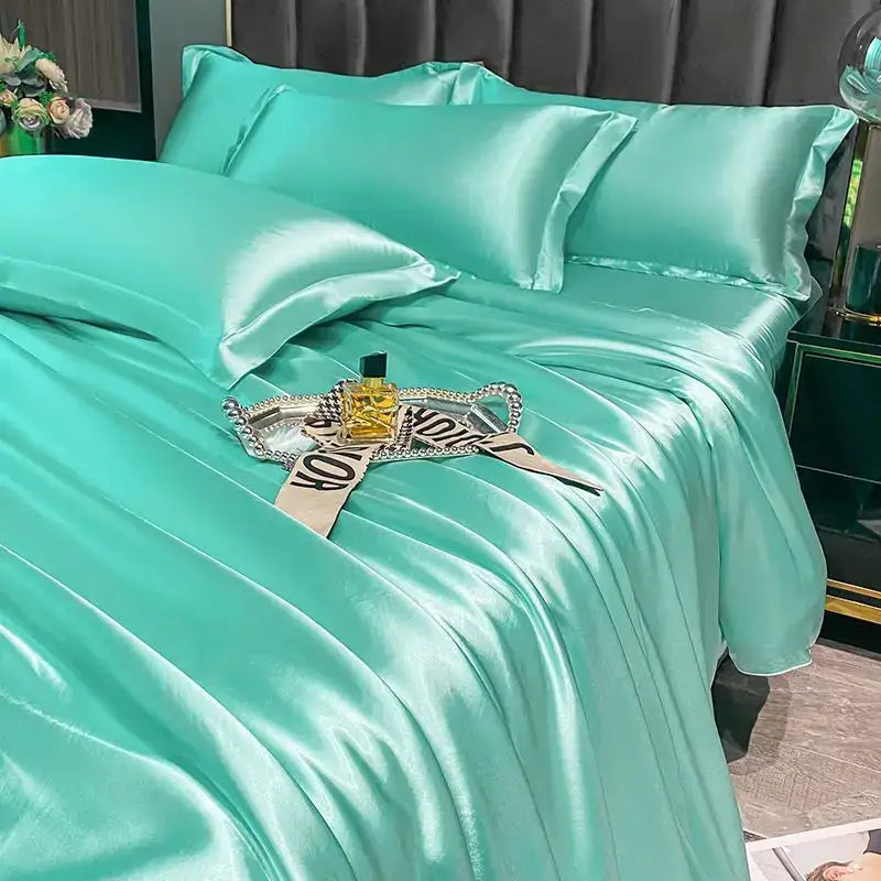 Turquoise satin duvet cover pcs bedding set with glossy smooth texture from decorbites™ luxurious nordic silk summer-friendly collection