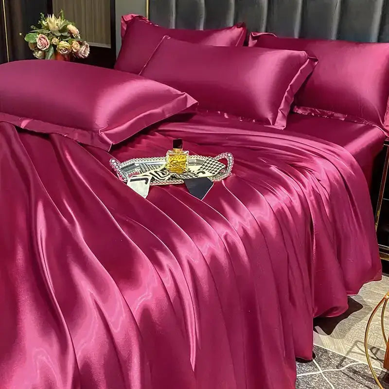 Decorbites luxurious nordic silk bedding set pcs duvet cover in rich burgundy satin with glossy smooth texture summer-friendly