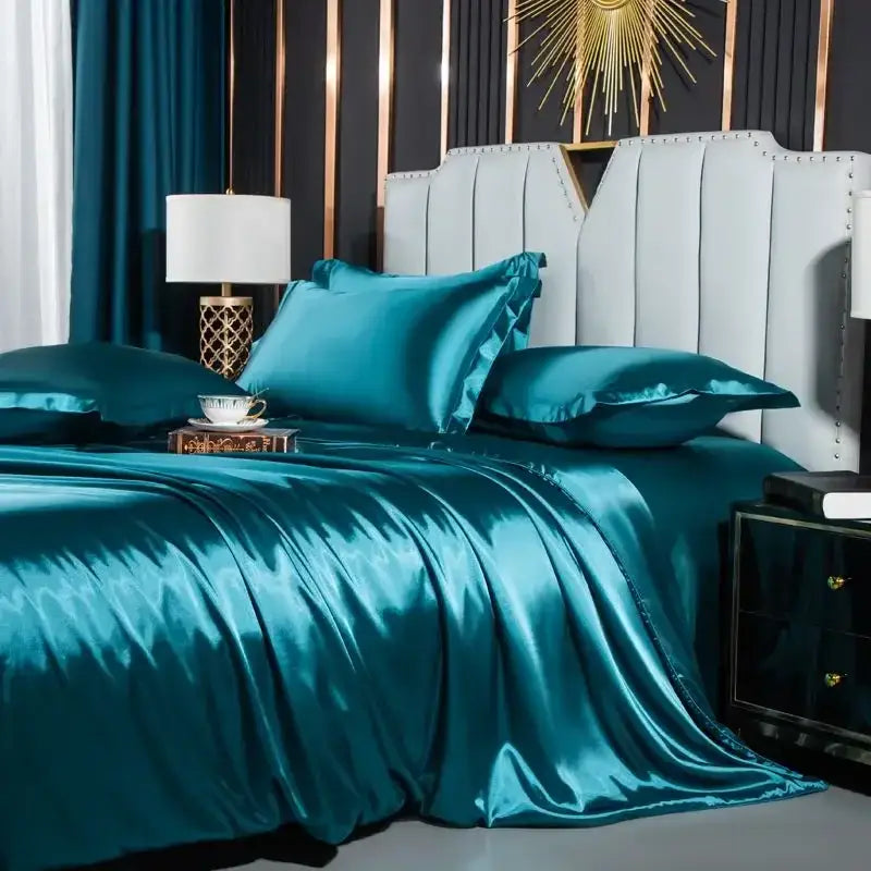 Teal satin decorbites luxurious nordic silk bedding set with glossy finish and matching pillowcases for duvet cover pcs