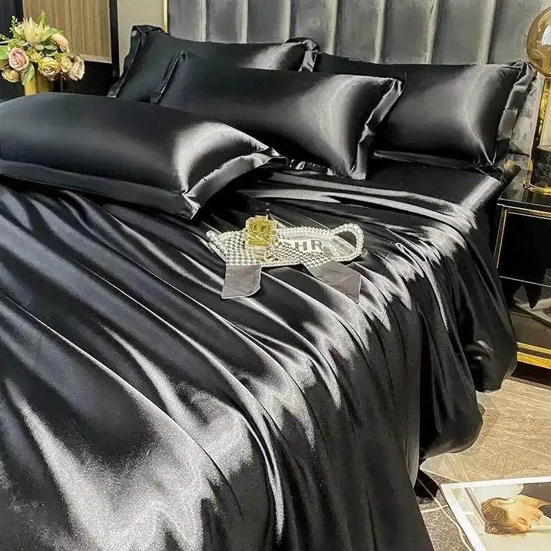 Decorbites™ luxurious nordic silk bedding set black satin duvet cover with glossy smooth texture for width bed