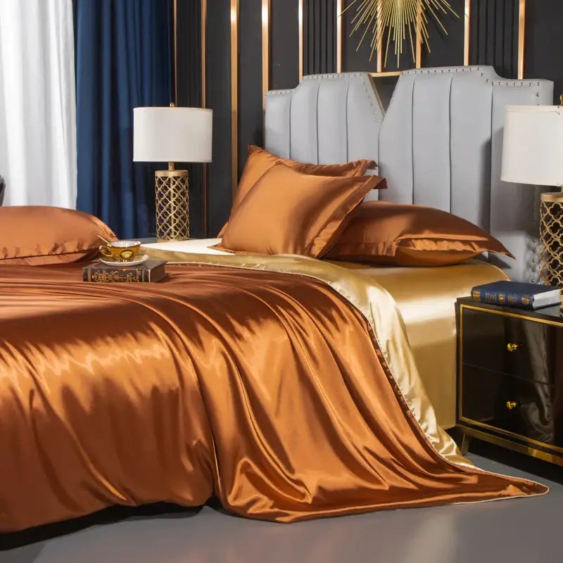 Decorbites™ luxurious nordic silk duvet cover set in bronze satin with gold trim designed for width bed sizes
