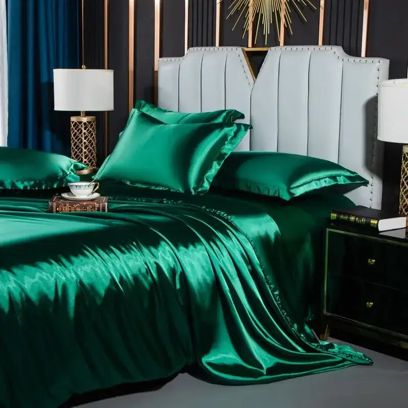 Emerald green satin duvet cover from DecorBites™ luxurious nordic silk bedding set with glossy finish and summer theme