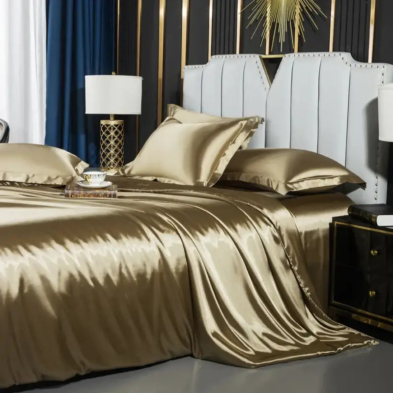 Glossy gold satin DecorBites™ luxurious Nordic silk duvet cover set with matching pillows for width bed summer theme