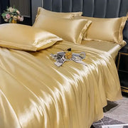Golden satin duvet cover and pcs duvet cover set with matching pillows from decorbites luxurious nordic silk bedding set