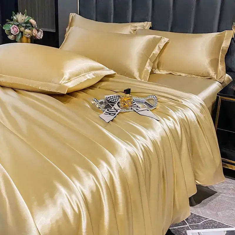 Golden satin duvet cover pcs with matching pillows from decorbites luxurious nordic silk bedding set for width bed
