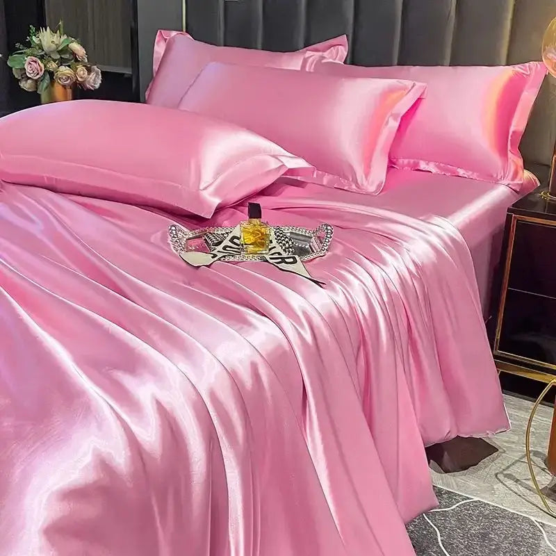 Pink satin duvet cover set by decorbites™ with matching pillows features glossy smooth texture for width bed use
