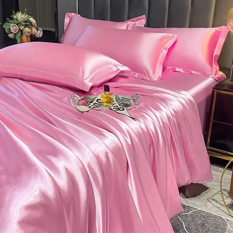Pink satin duvet cover and matching pillows from decorbites™ luxurious nordic silk bedding set for width bed summer use
