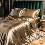 Glossy gold satin rayon silk bedding set with luxurious sheen and elegant drape for king size duvet cover pcs