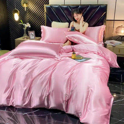 DecorBites luxurious pink satin rayon silk four-piece bed set with duvet cover and matching pillows for width bed