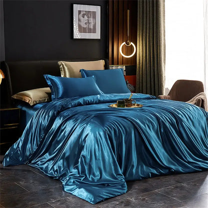 Decorbites™ luxurious silk bedding set with lustrous teal satin duvet cover and gold-trimmed accent pillows for width bed