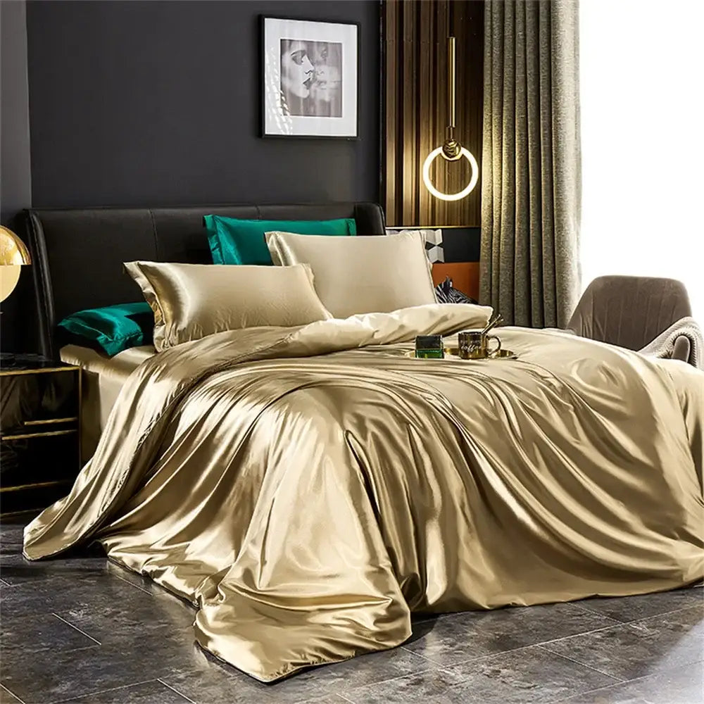 DecorBites™ luxurious silk duvet cover set in gold satin with matching pcs duvet cover and teal accent pillow on width bed