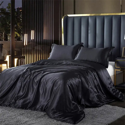 Black satin duvet cover set with matching pillows from decorbites™ luxurious silk bedding set featuring elegant sheen and design