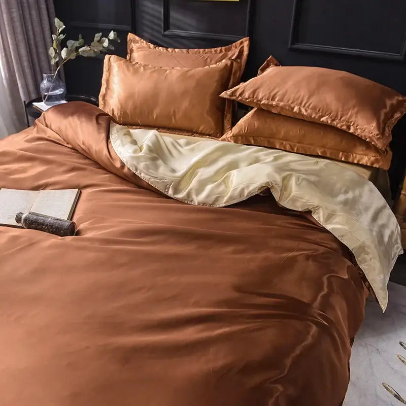 DecorBites™ luxurious copper-toned satin silk bedding set with cream inner lining includes bed sheet and duvet cover