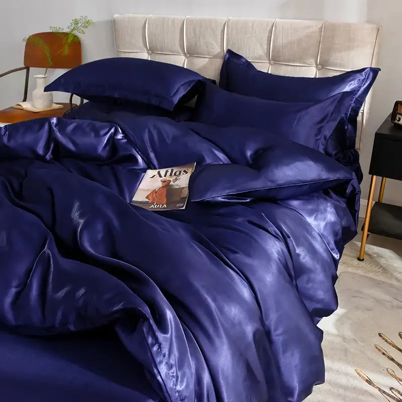 DecorBites™ luxurious silk bedding set in deep navy with a glossy finish including bed sheet and duvet cover