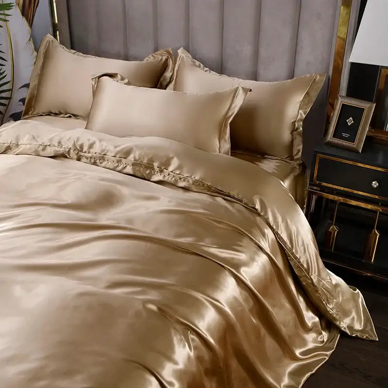 Luxurious gold satin bedding set with glossy smooth texture and elegant ruffled edges by DecorBites™ in various sizes