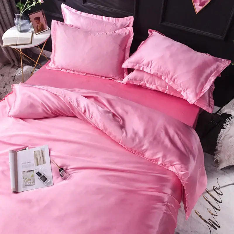 Decorbites™ luxurious pink satin bedding set with silk duvet cover and matching pillows in various sizes