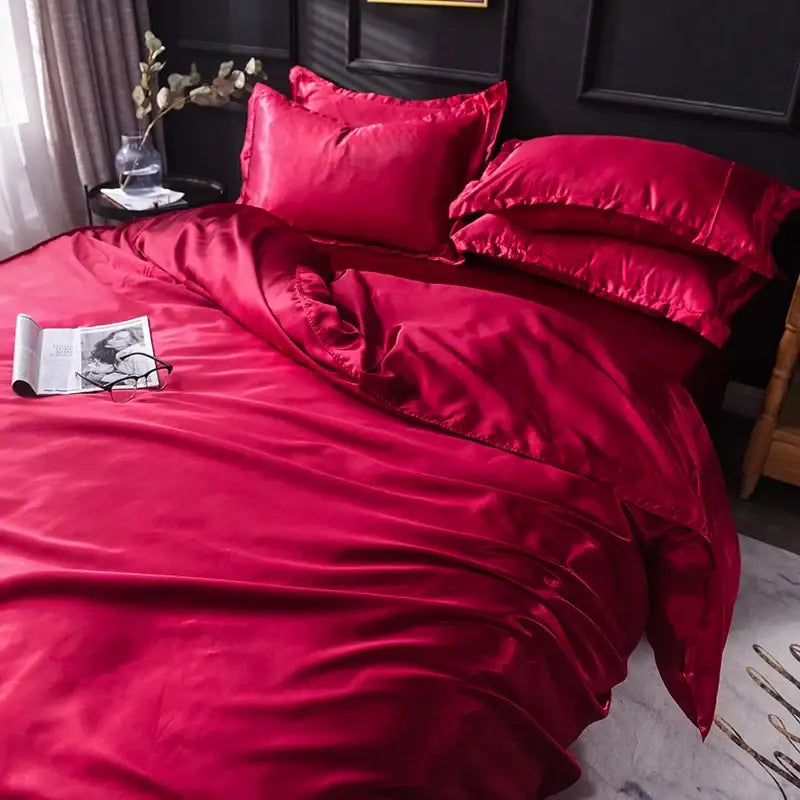 Decorbites™ luxurious silk bedding set in rich crimson satin with glossy duvet cover and bed sheet in various sizes