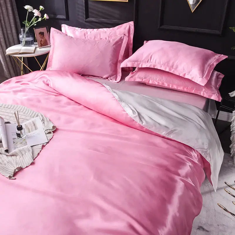 Decorbites™ luxurious pink satin silk bedding set with subtle sheen and silver inner lining in multiple sizes