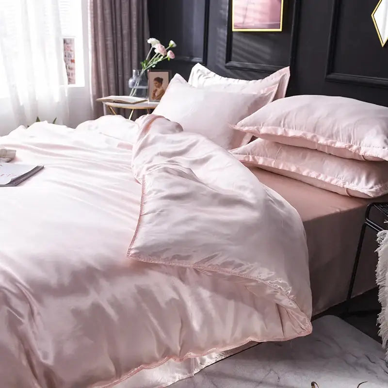 Decorbites™ luxurious silk bedding set in soft blush pink satin with subtle sheen includes duvet cover and pillowcases