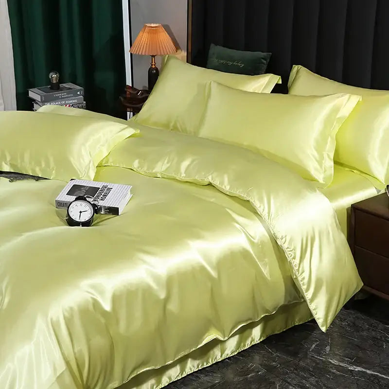 DecorBites™ luxurious silk bedding set in luminous lime satin with smooth glossy finish includes duvet cover and bed sheet pcs