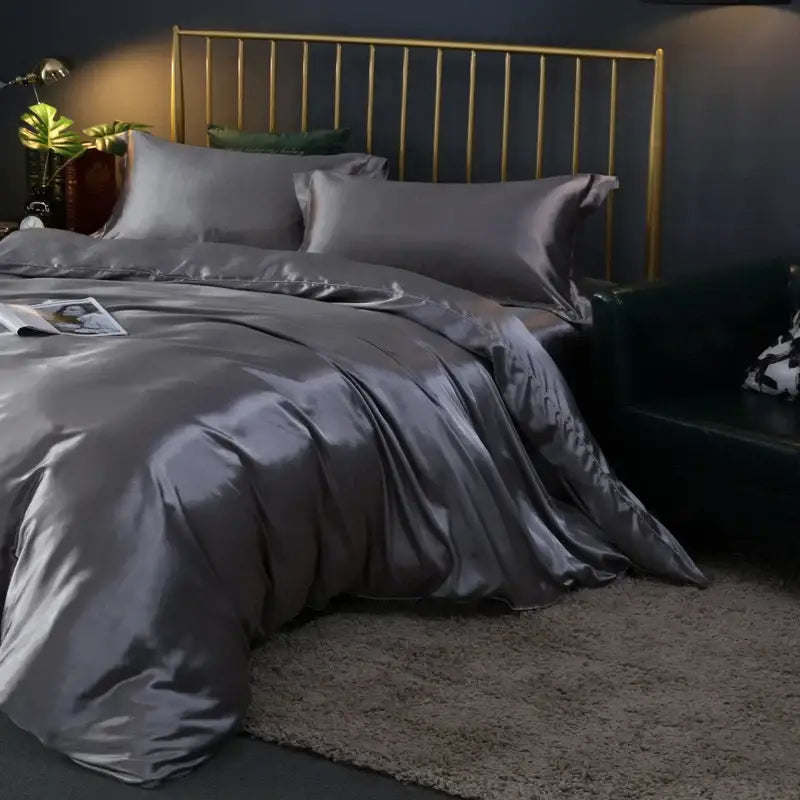 Silk-gray satin duvet cover set by decorbites featuring smooth lustrous finish and matching pcs duvet cover pillows