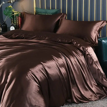 Rich chocolate brown satin duvet cover and bed sheet from decorbites™ luxurious silk bedding set with glossy smooth finish