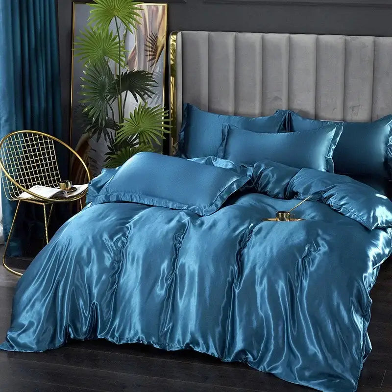 DecorBites™ luxurious silk teal satin duvet cover bedding set with glossy finish includes matching pcs for width bed