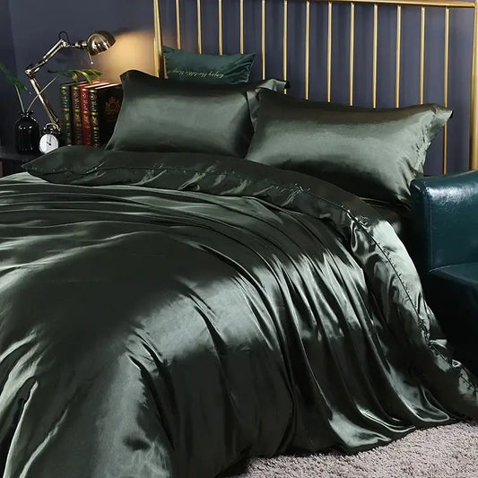 Deep emerald satin duvet cover set with matching pillowcases featuring luxurious sheen in decorbites pcs duvet cover collection