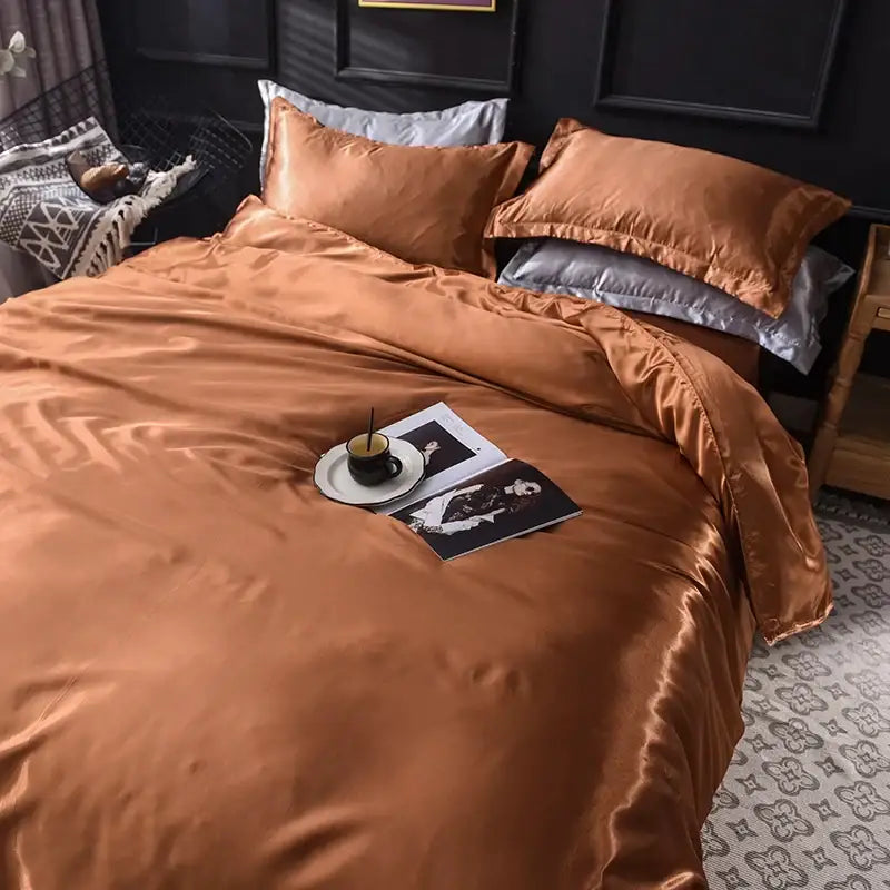Decorbites luxurious copper satin silk bedding set featuring duvet cover and matching pillowcases in various sizes
