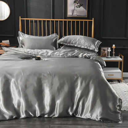 DecorBites™ luxurious silk bedding set in silk-gray satin with smooth finish and elegant ruffled edges
