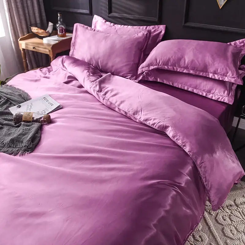 DecorBites™ luxurious silk bedding set in purple satin with smooth glossy finish includes duvet cover and matching bed sheet