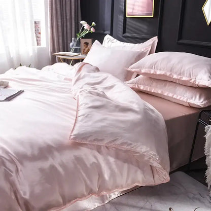 Decorbites™ luxurious silk bedding set in blush pink satin with a subtle sheen and matching pillowcases