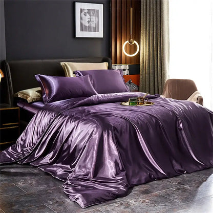 DecorBites Luxurious silk bedding set in lustrous purple with matching pillows and pcs duvet cover included