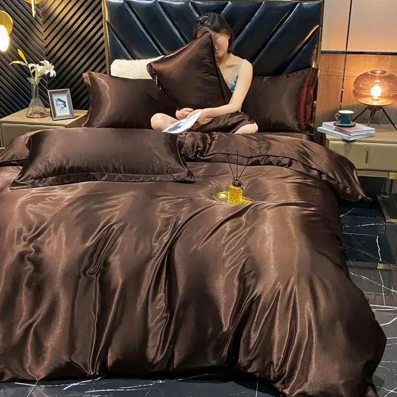 Decorbites™ luxurious silk bedding set rich chocolate-brown pcs duvet cover with glossy satin finish for width bed