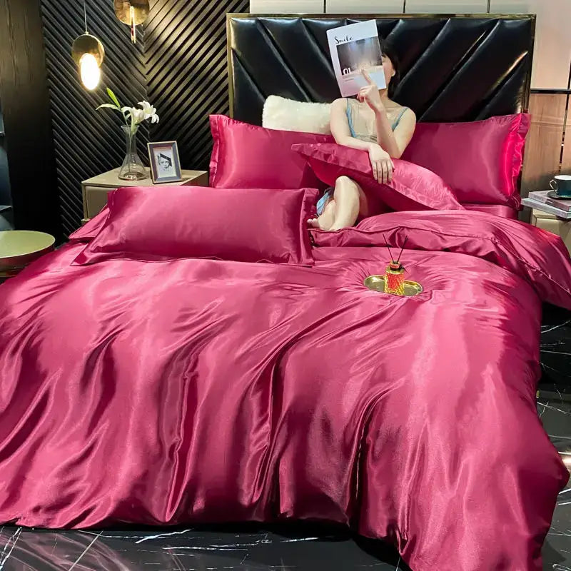 Decorbites™ luxurious silk bedding set in rich burgundy satin with duvet cover and pcs duvet cover for width bed use