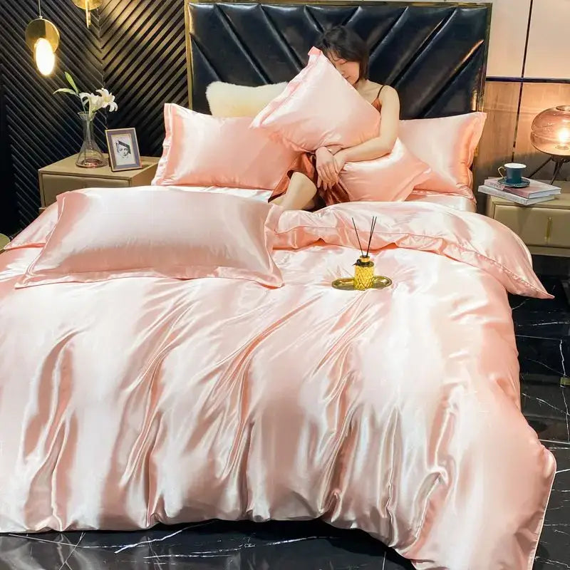 DecorBites™ luxurious silk bedding set in blush pink satin with a 4 pcs duvet cover featuring smooth glossy finish