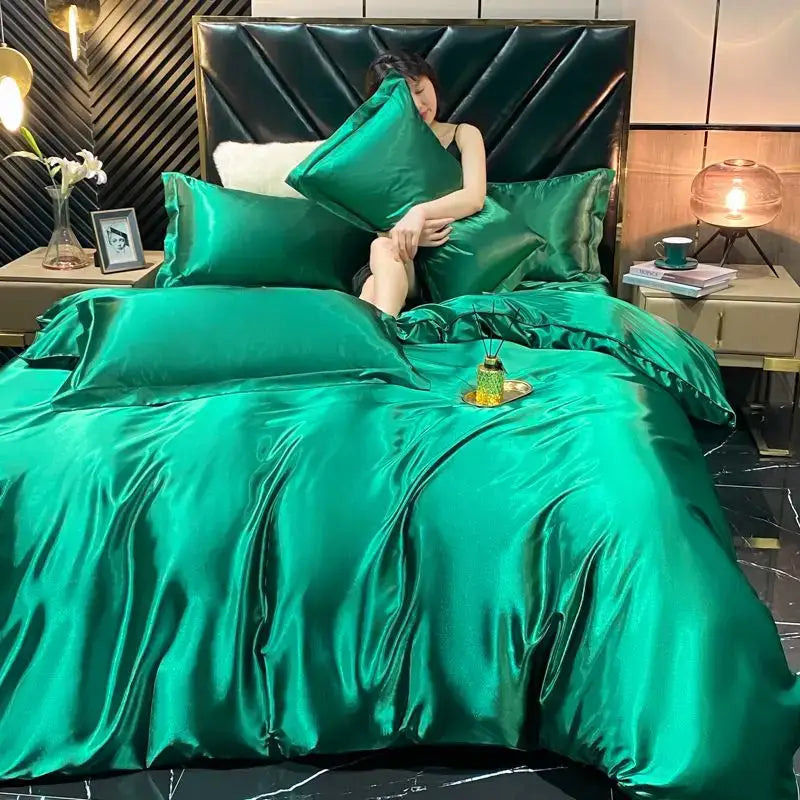 Emerald green satin DecorBites™ luxurious silk bedding set with glossy finish includes duvet cover and pcs duvet cover
