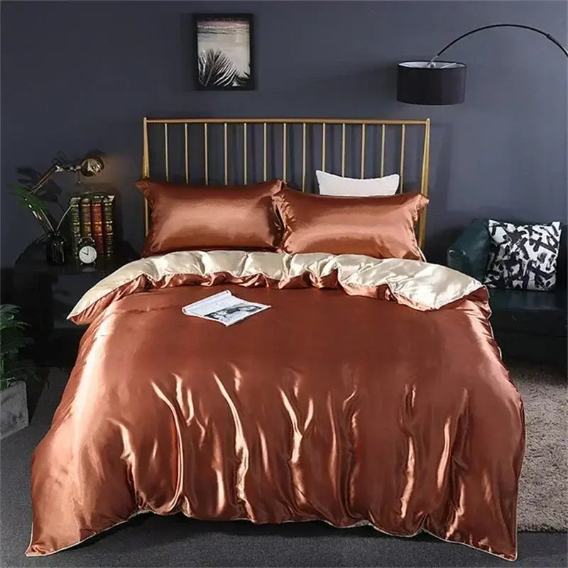 Copper satin duvet cover with gold trim from decorbites silk bedding set for luxurious bedroom decor