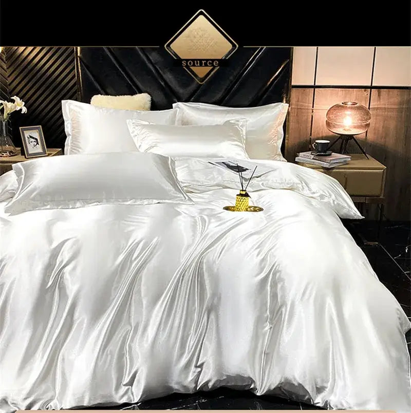 White satin decorbites™ luxurious silk bedding set with glossy duvet cover and sheets showcasing a premium finish