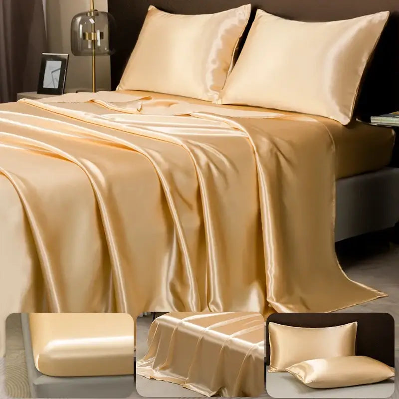Cream-colored decorbites™ luxurious solid color satin bedding set with pillowcases and fitted sheet for elegant comfort