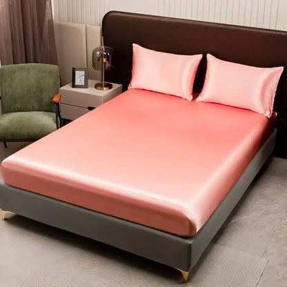 DecorBites™ luxurious pink satin bedding set with solid color flat sheet and matching pillowcases for elegant comfort